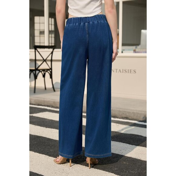 Women’s High Waist Elastic Waist Wide Leg Jeans Casual Trendy Comfort Fit - Picture 3 of 6